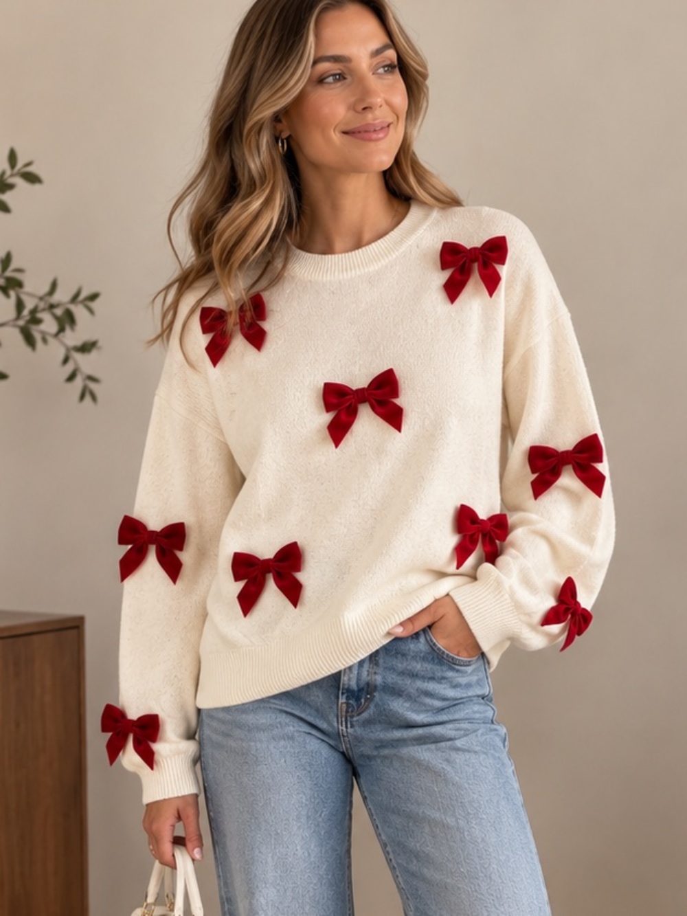 J.Marie Jenna Sweater Women's White Red Bow Size L NWT